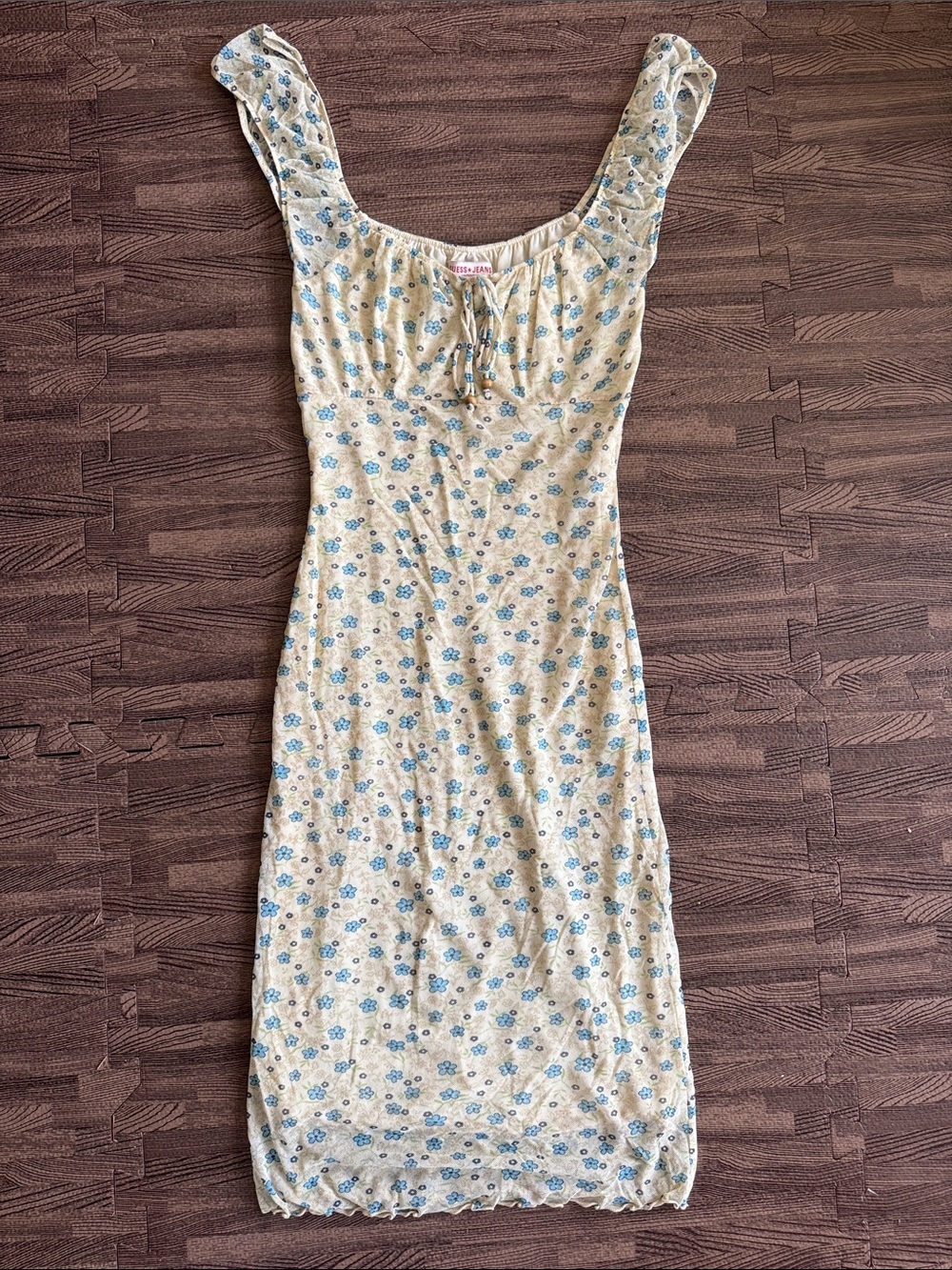 Guess Cream Midi Dress with Blue Floral Print Stretchy
